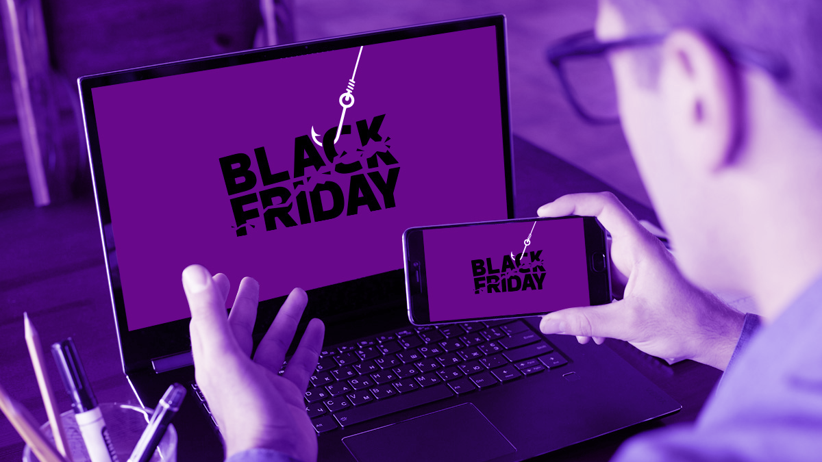 Computador com uma imagem da Black Friday arruinado por golpes, reforçando a cibersegurança.