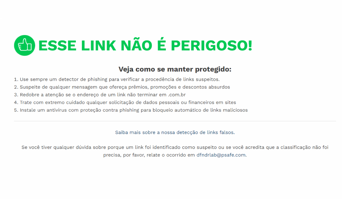 Tela com resultado do verificador de links do dfndr lab