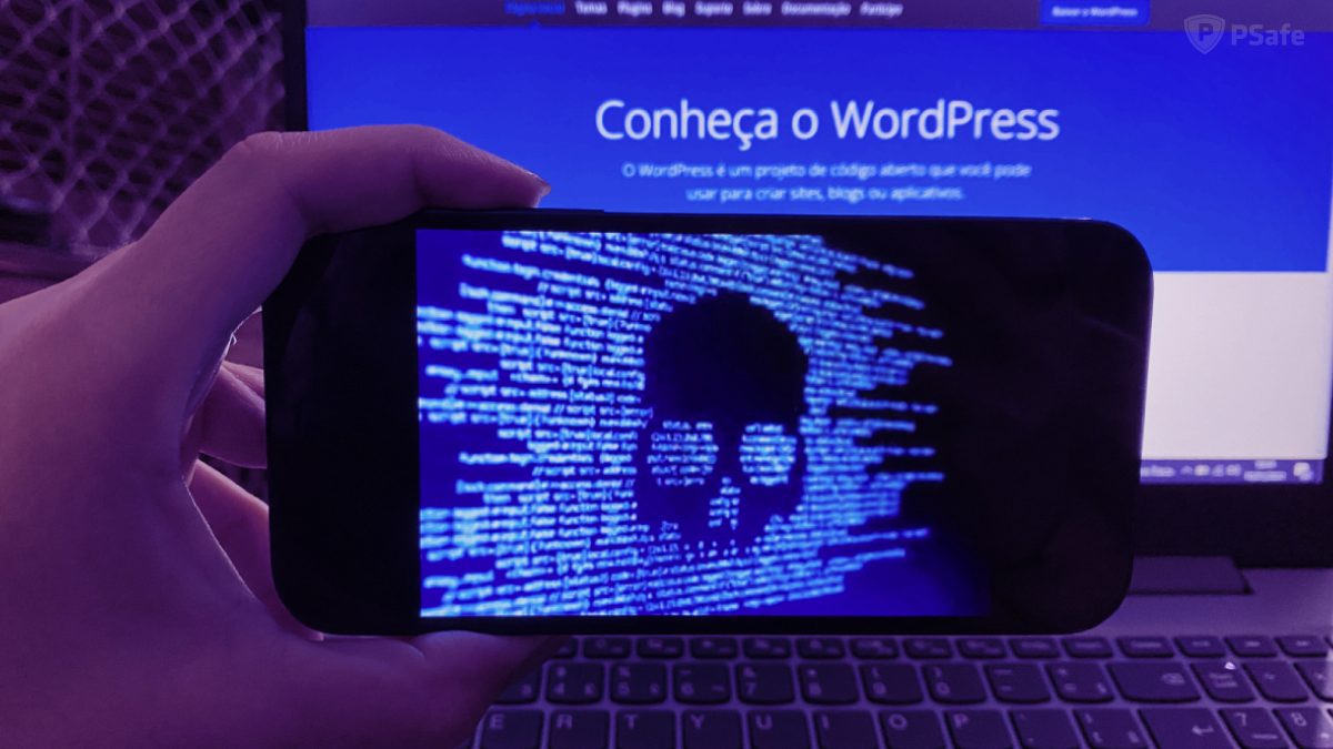 Imagem da tela de celular com códigos formando a silhueta de uma caveira